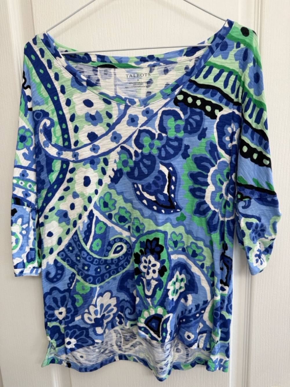 Talbots Blue, Floral Green & White Paisley-Print Kimono Tie Sleeve Top M EUC